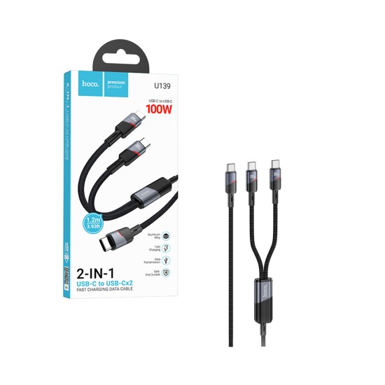 Cabo de Carregamento 2 em 1 Hoco u139 USB-C para (Tipo-C+Lightning) 100W 1,2m Preto